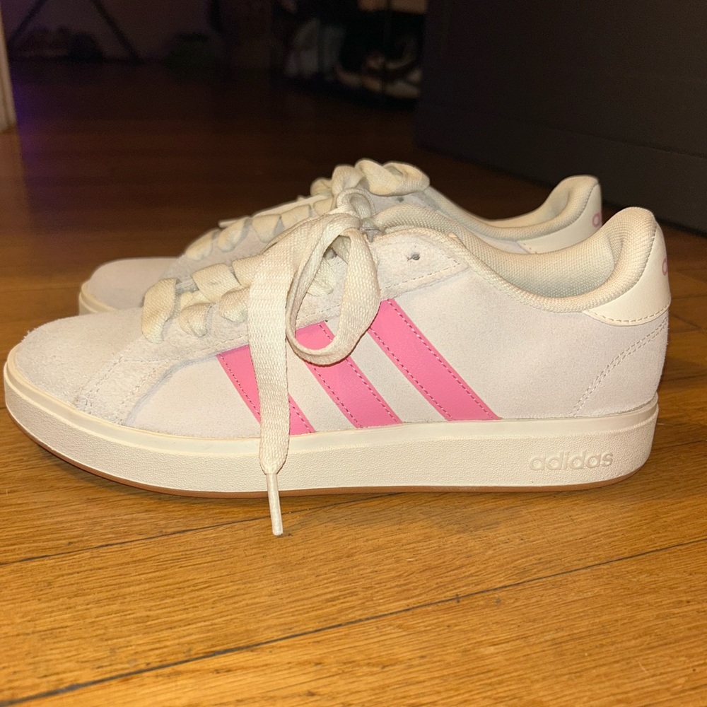 Adidas Classic White Sneakers with Pink Stripes